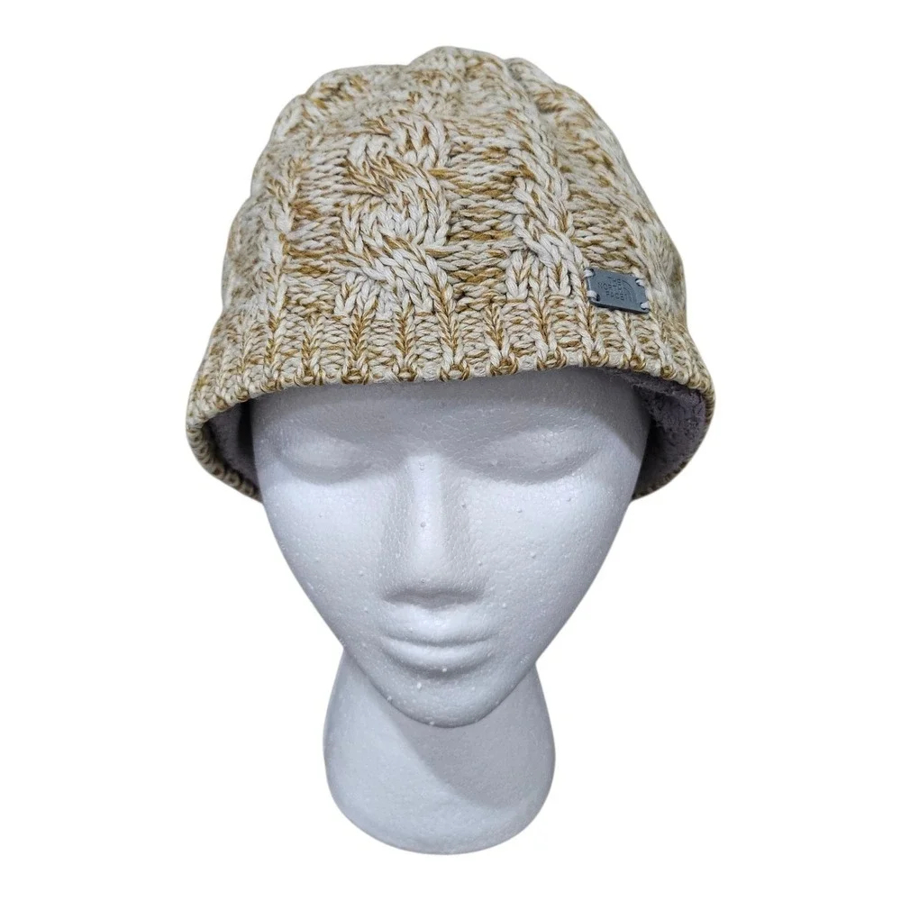 The North Face Minna Cable Knit Beanie Hat Fleece‎ Lined Brown Beige One Size